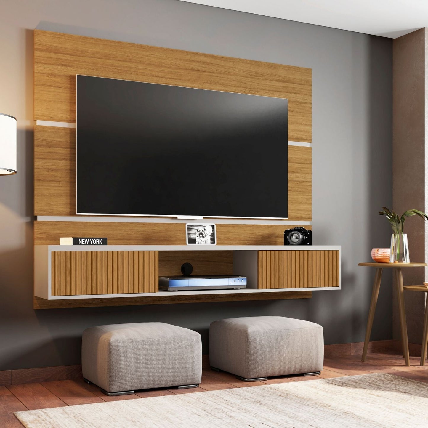 Panel Rack Tv 65" Ambar Canela Blanco Invierno
