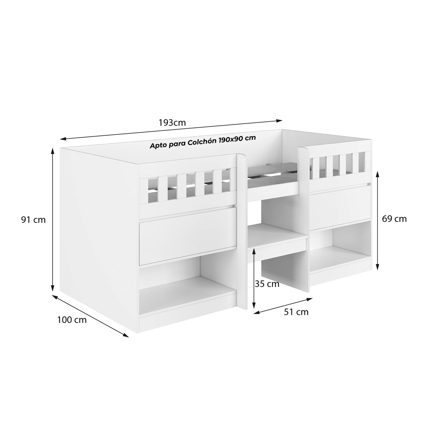 Cama Alta 2 puertas 1 Pza Hoga Bela Miel