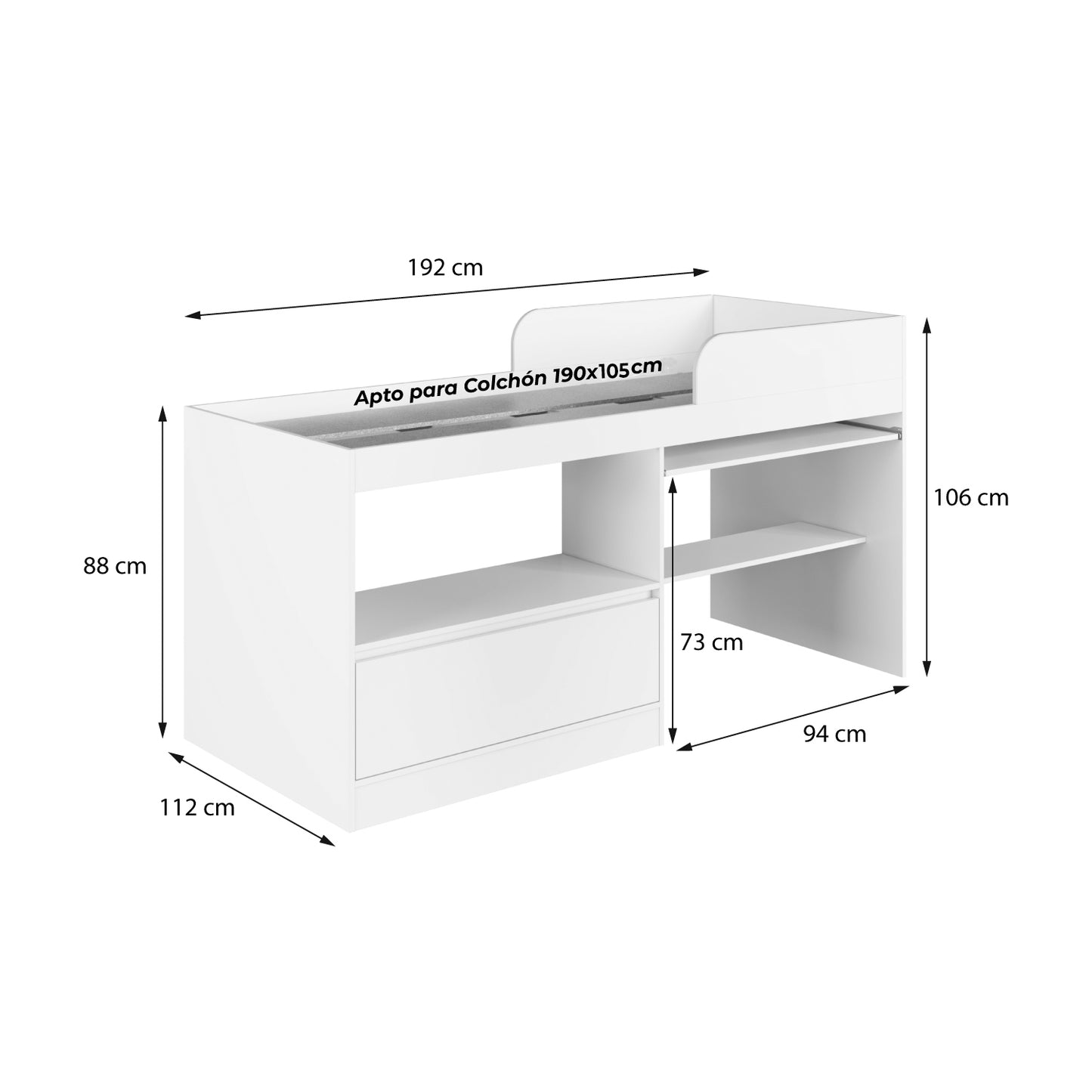 Cama Alta Multifuncional 1,5 Pza Hoga Jacarta Blanco