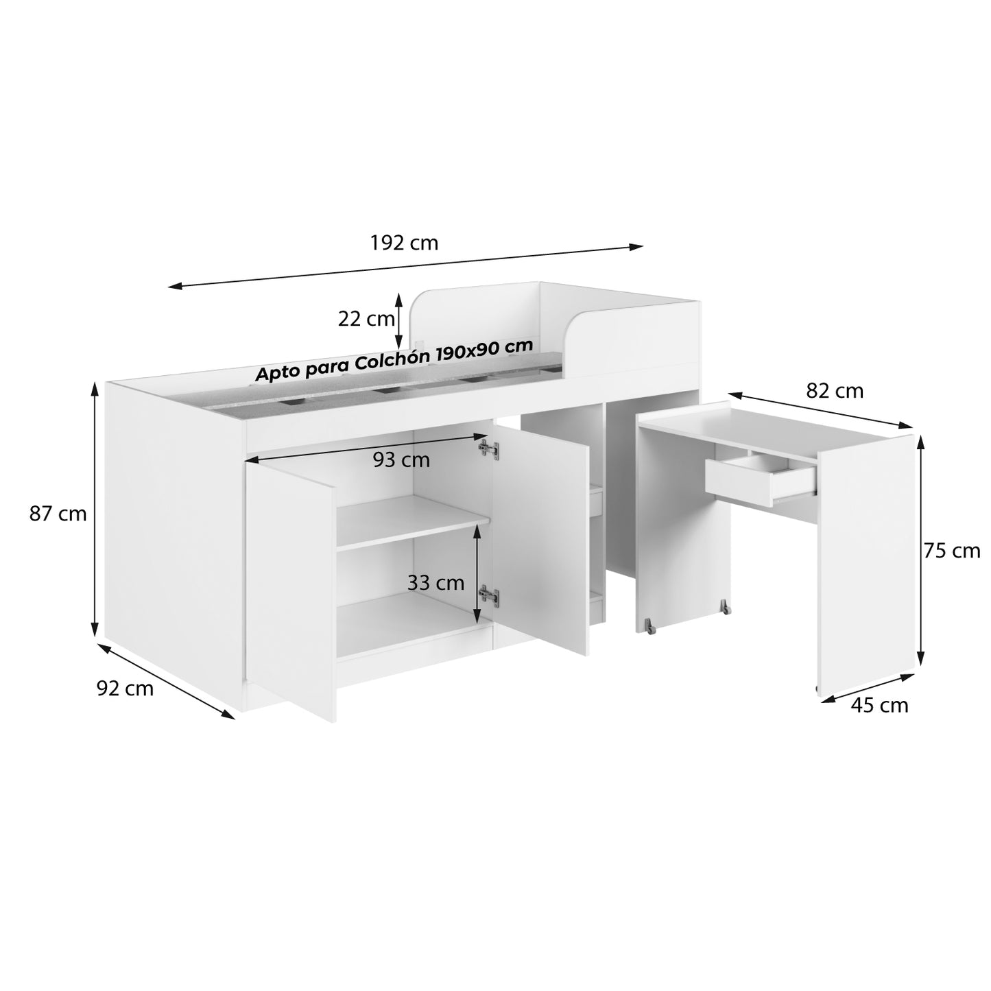 Cama Alta + Escritorio 2 puertas 1 Pza Hoga Jamaica Blanco
