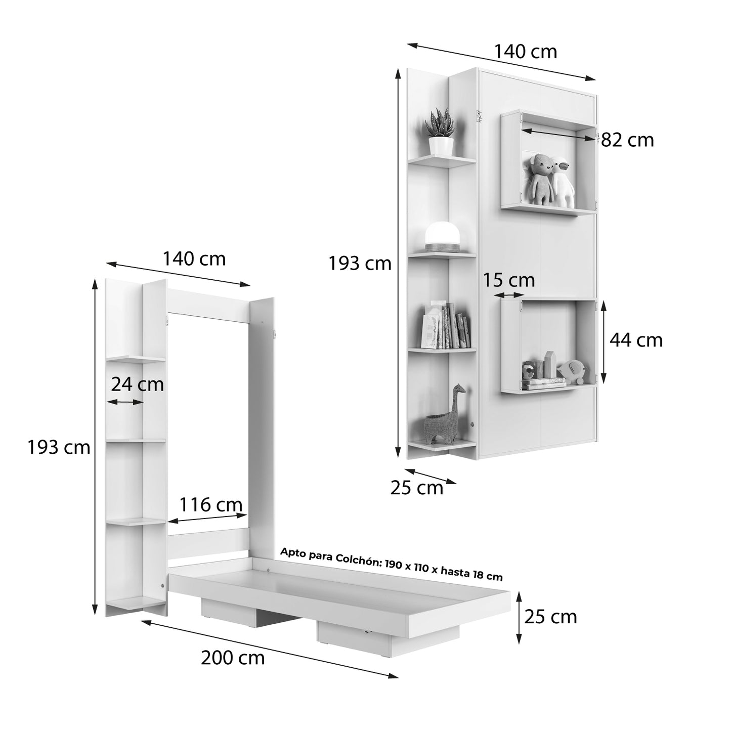 Cama Plegable Vertical con Estante 1,5 Pzas Hoga Vancouver Gris
