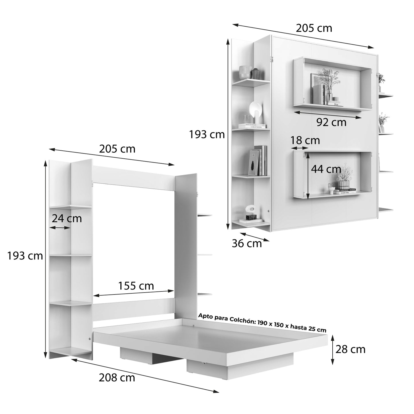 Cama Plegable Vertical con Estante 2 Pzas Hoga Vancouver Miel