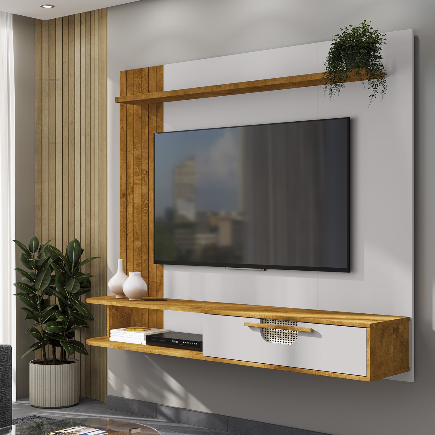 Panel Rack Tv 65" Hoga Jeri Natural Blanco Invierno