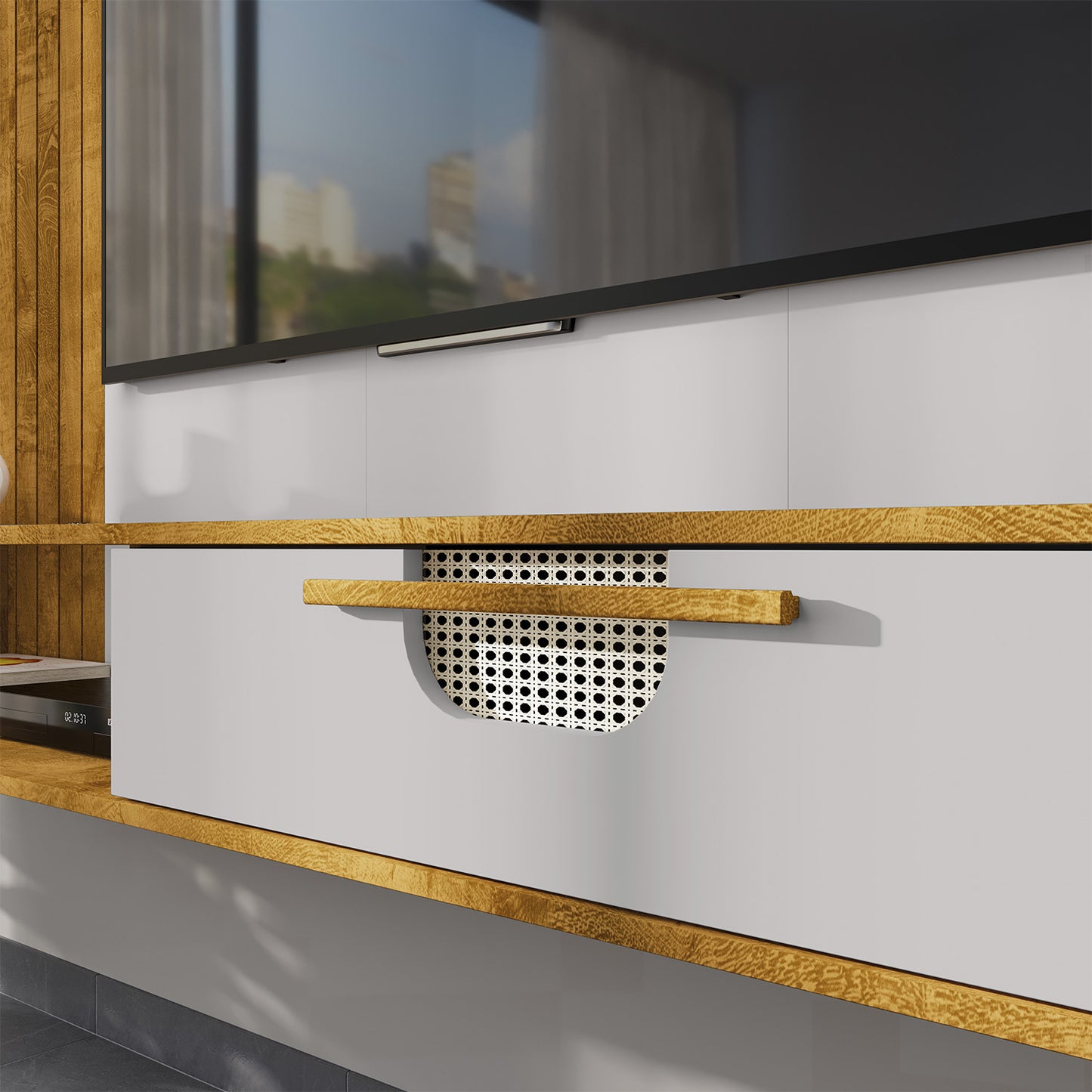 Panel Rack Tv 65" Hoga Jeri Natural Blanco Invierno