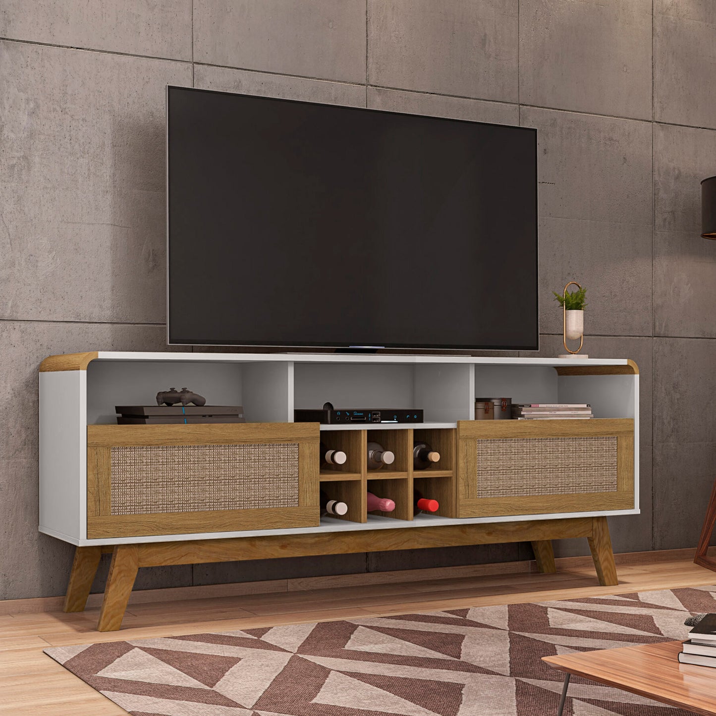 Rack Tv 65" Larimar Blanco Invierno Canela Rattan