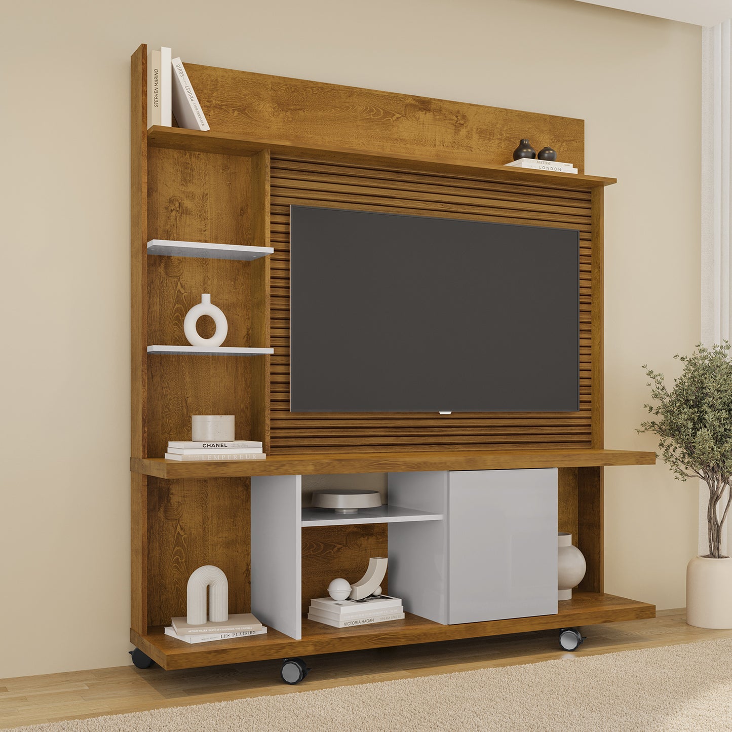Centro de Entretenimiento Rack Tv 47" Hoga Taurus Natural Blanco Invierno Ripado
