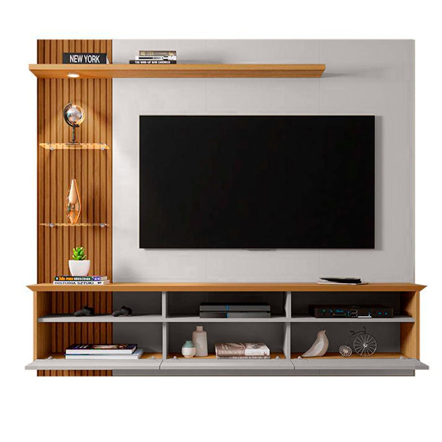 Panel Rack Tv 60" Trend Blanco Invierno Canela Ripado