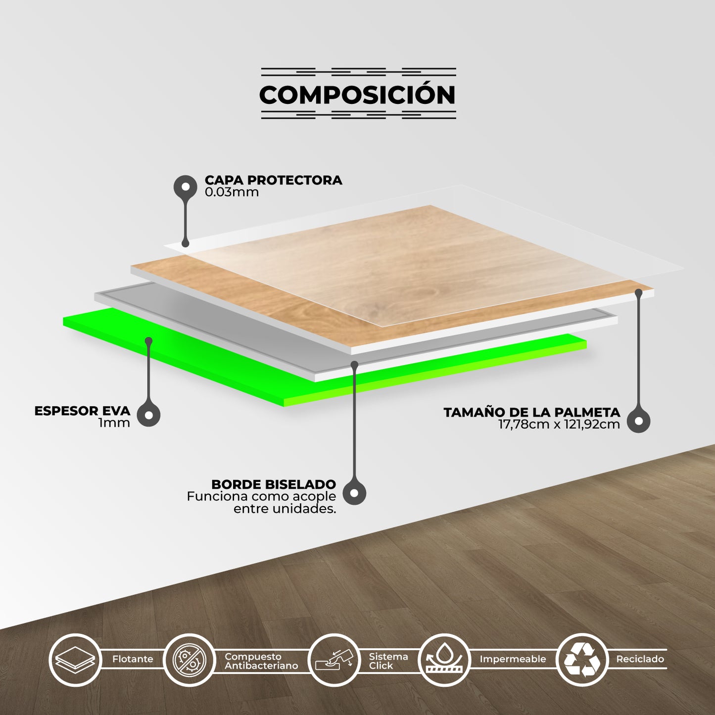 Piso Flotante Vinílico Spc Click 4+1mm Eva 2,23 Mt2 Beige Milan