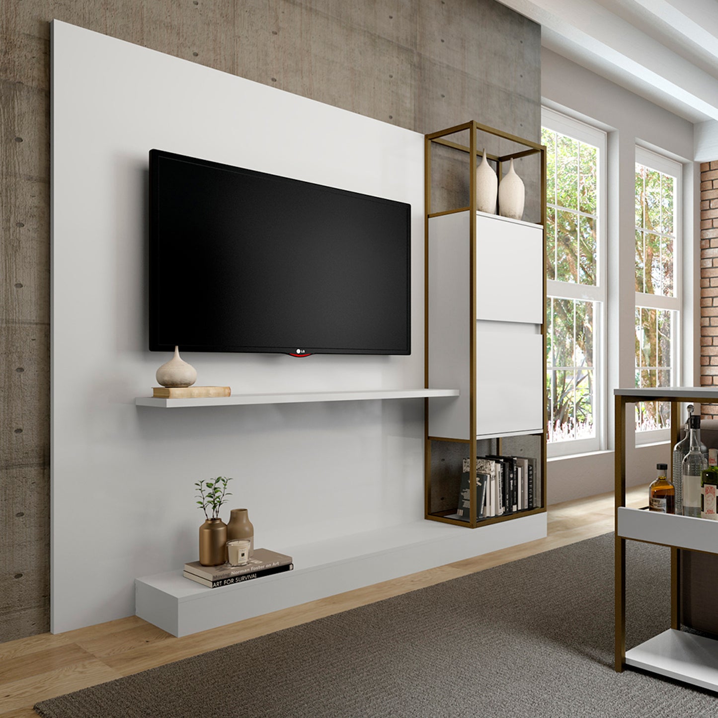 Centro de Entretenimiento Rack Tv 60" Home Design Blanco Oro Envejecido
