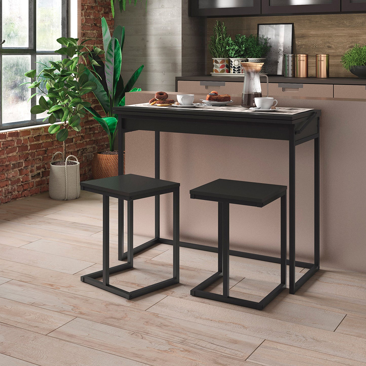 Mesa Extensible + 2 Taburetes Home Design Negro Mate