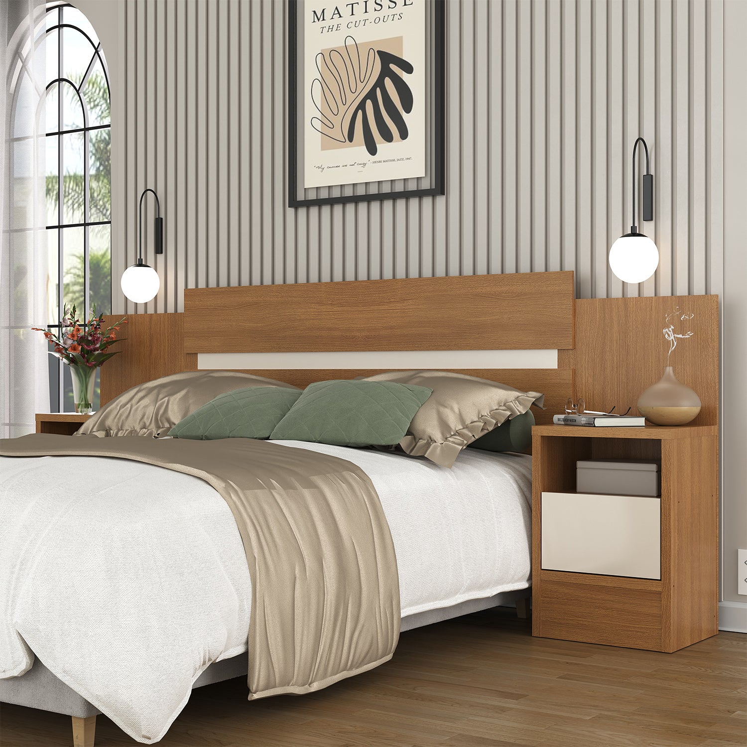 Respaldo de Cama con Veladores 2 Plazas Hoga SP Milas Canela Blanco In