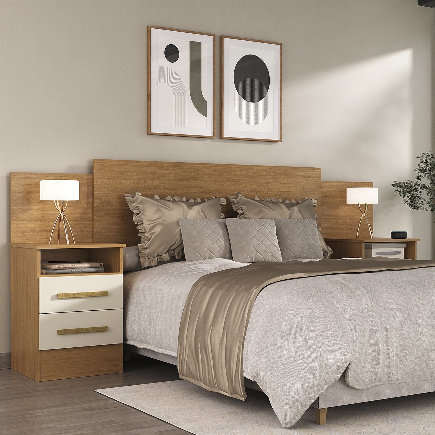 Respaldo de Cama con Veladores 2 plazas Hoga SP Elena Canela Blanco Invierno