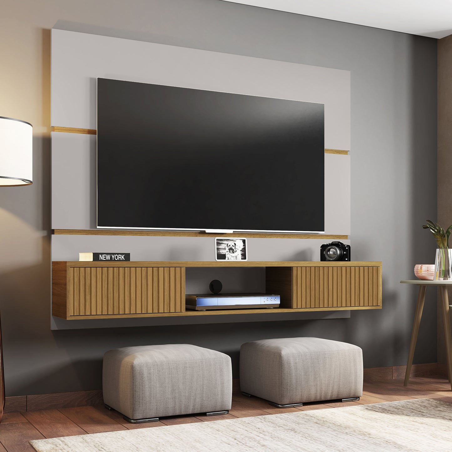 Panel Rack Tv 65" Ambar Blanco Invierno Canela Ripado