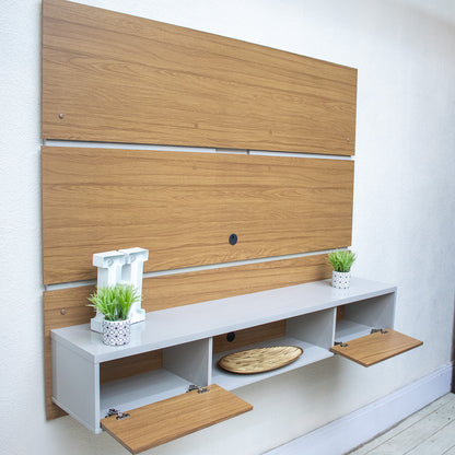 Panel Rack Tv 65" Ambar Canela Blanco Invierno Ripado