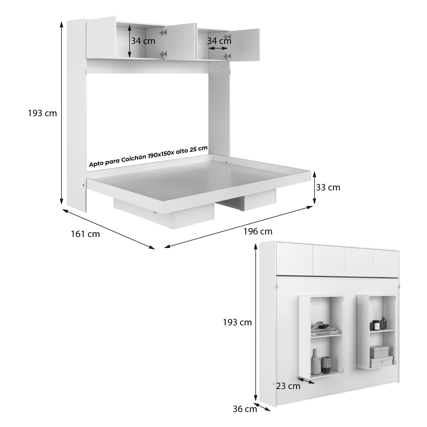 Cama Plegable Horizontal 2 Pza con estantes 4 puertas Hoga Hanover Blanco