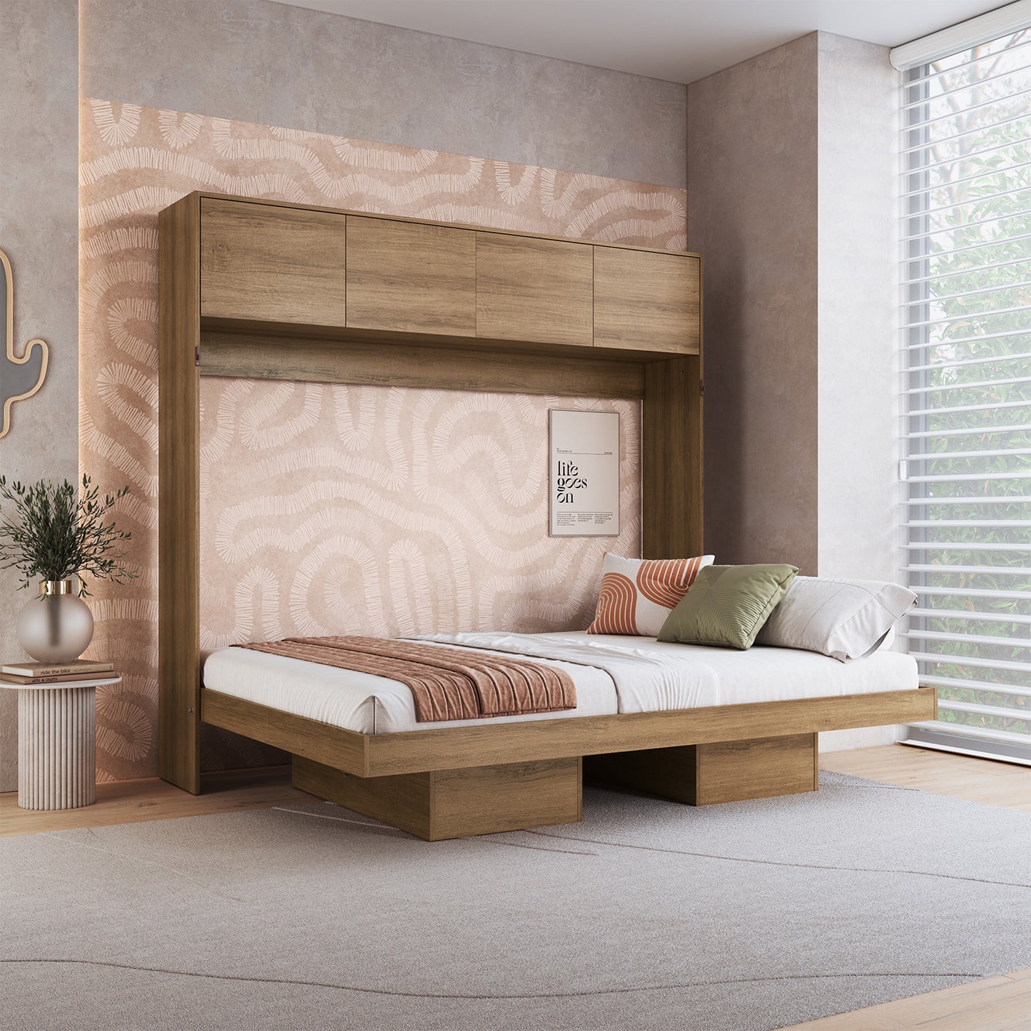 Cama Plegable Horizontal 2 Pza con estantes 4 puertas Hoga Hanover Miel