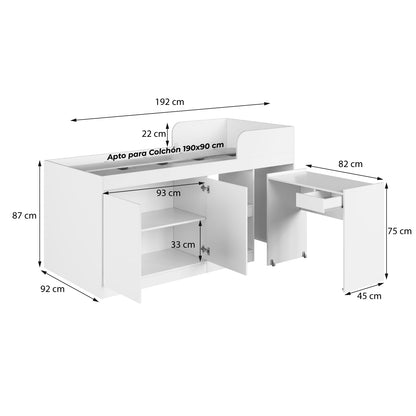 Cama Alta + Escritorio 2 puertas 1 Pza Hoga Jamaica Blanco