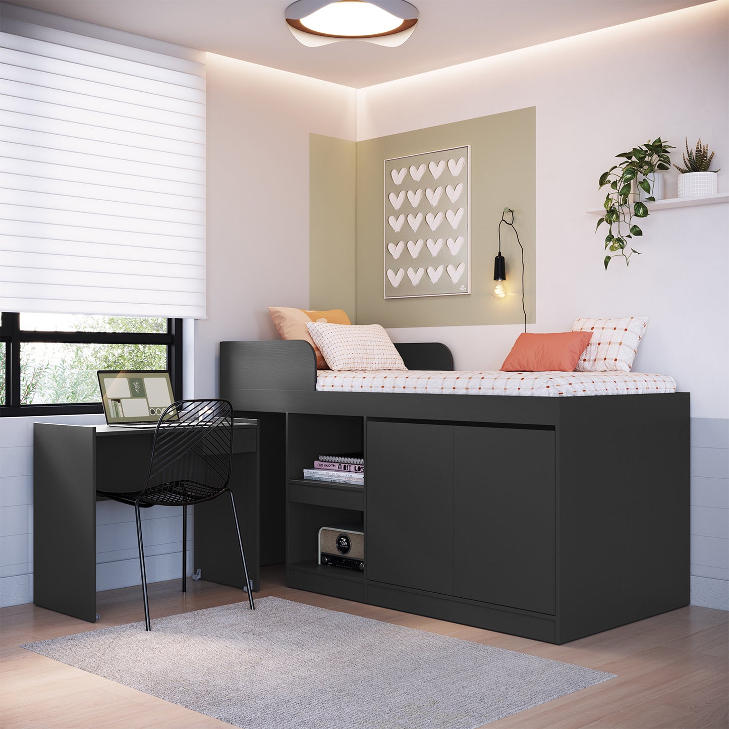 Cama Alta + Escritorio 2 puertas 1 Pza Hoga Jamaica Gris