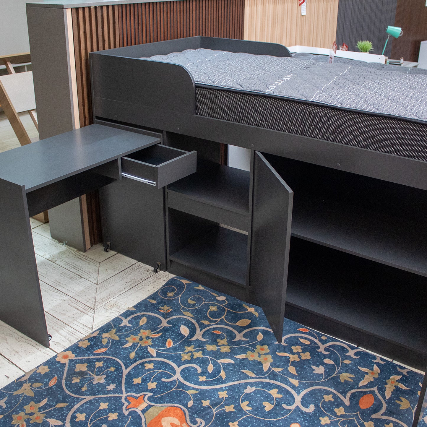 Cama Alta + Escritorio 2 puertas 1,5 Pza Hoga Jamaica Gris