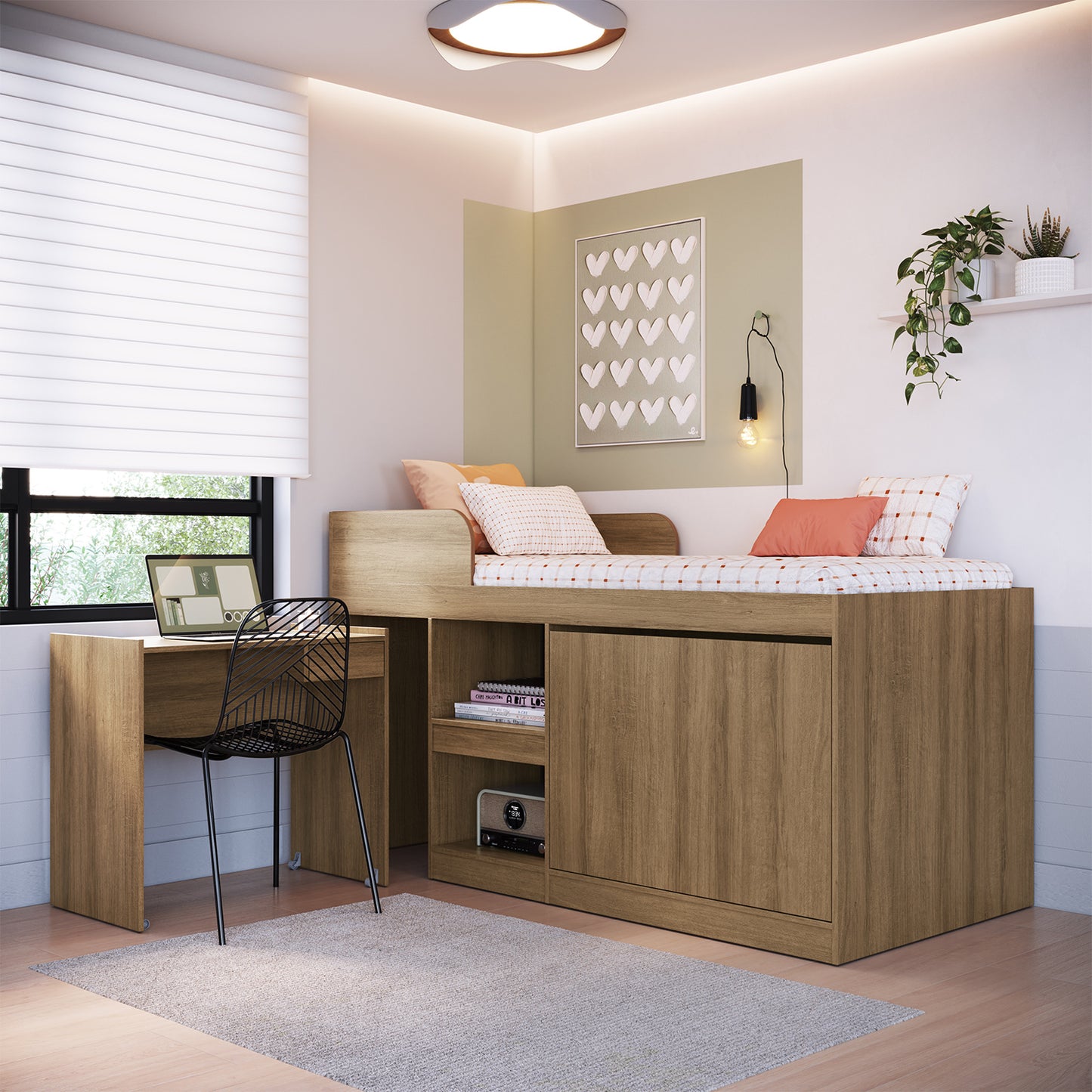 Cama Alta + Escritorio 2 puertas 1,5 Pza Hoga Jamaica Miel