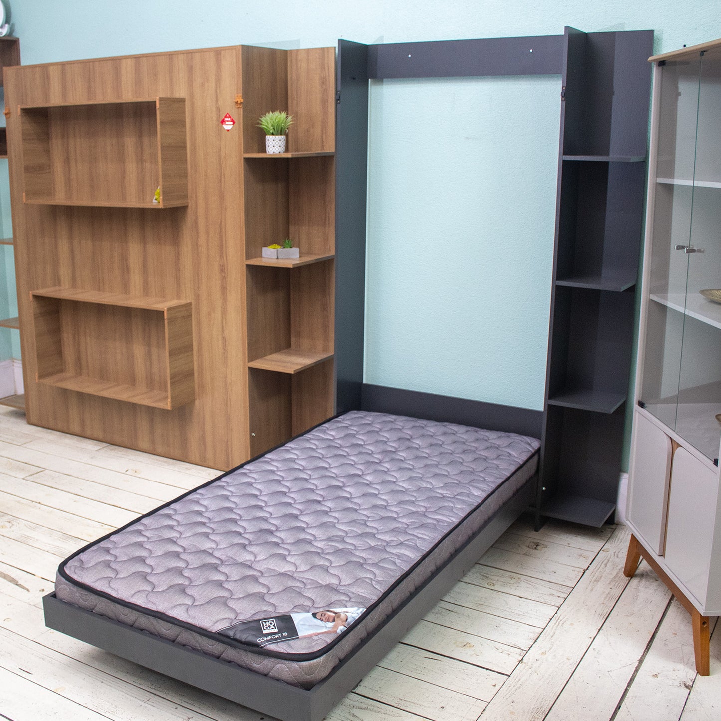 Cama Plegable Vertical con Estante 1,5 Pzas Hoga Vancouver Gris