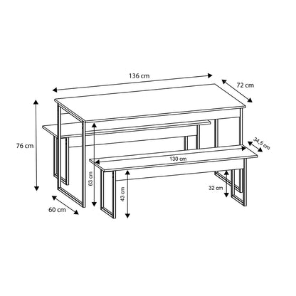 Juego de Comedor Mesa 2 Bancas Madison Castaño Metal