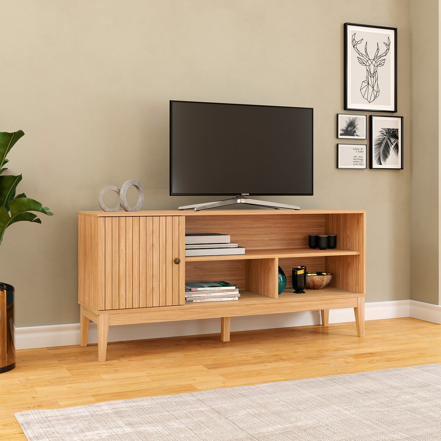 Rack Tv 55" 1 puerta Hoga Miel Ripado