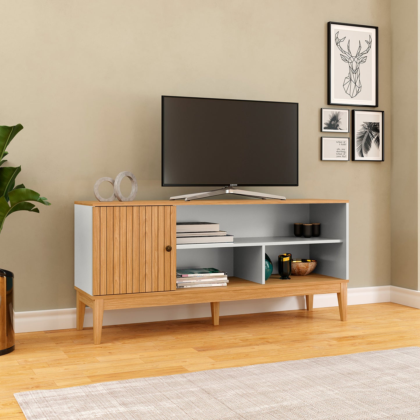 Rack Tv 55" 1 puerta Hoga Miel Blanco Invierno Ripado