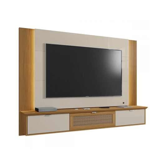 Panel Rack Tv 70" Qatar Blanco Invierno Canela Rattan