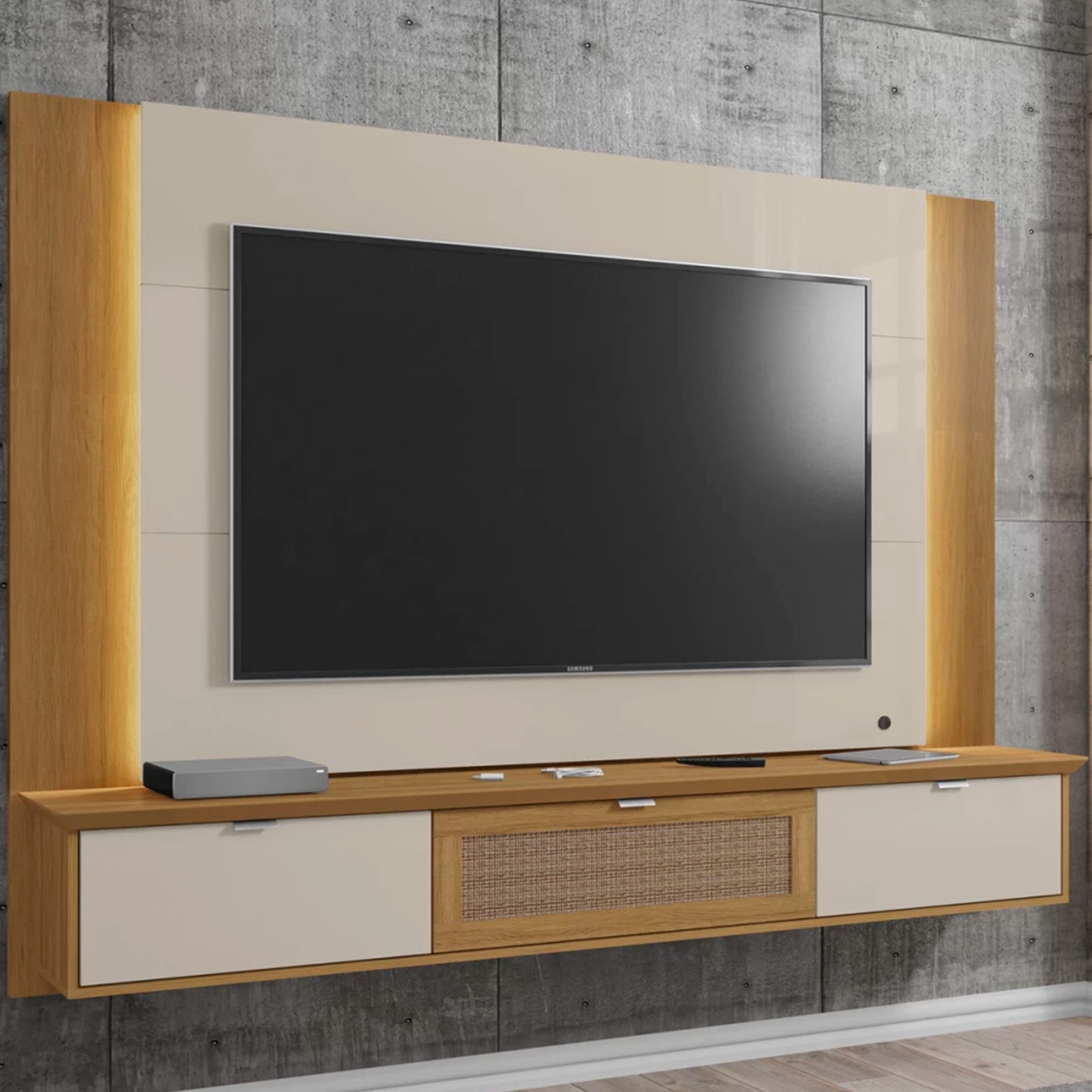 Panel Rack Tv 70" Qatar Blanco Invierno Canela Rattan