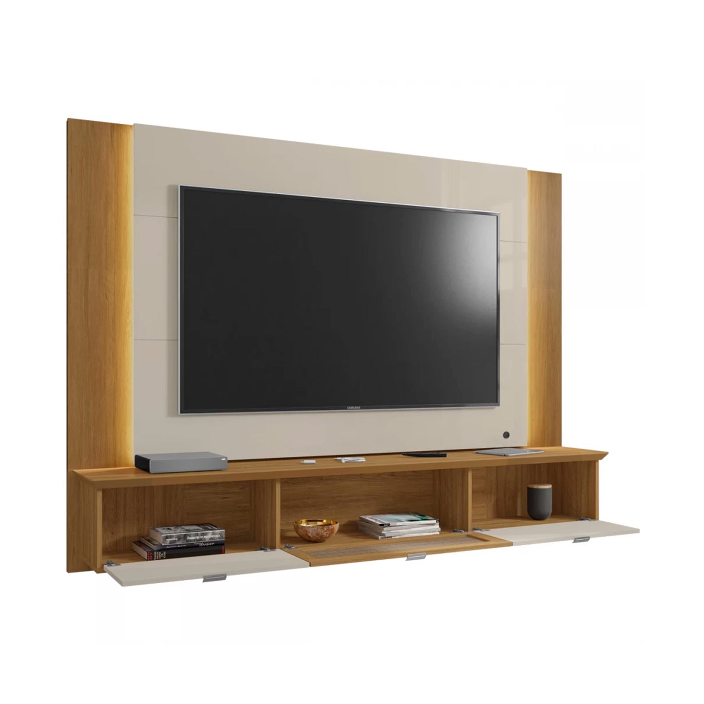 Panel Rack Tv 70" Qatar Blanco Invierno Canela Rattan