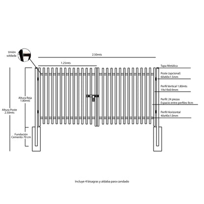 Pack Portón Vehicular Perfil Metálico 2.50 x 1.80 Mts + Postes
