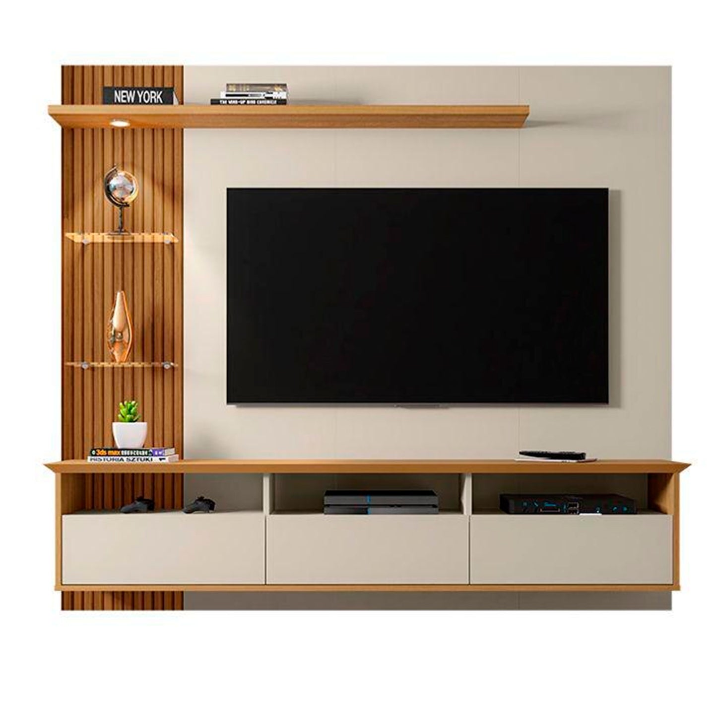 Panel Rack Tv 60" Trend Blanco Invierno Canela Ripado