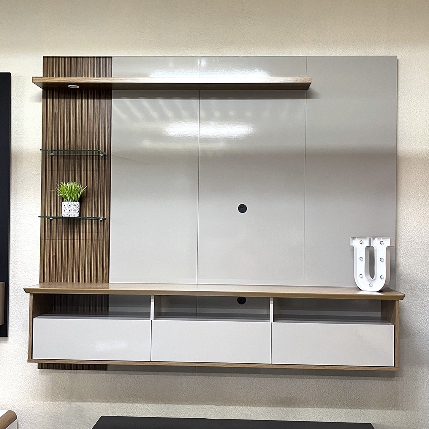 Panel Rack Tv 60" Trend Blanco Invierno Canela Ripado