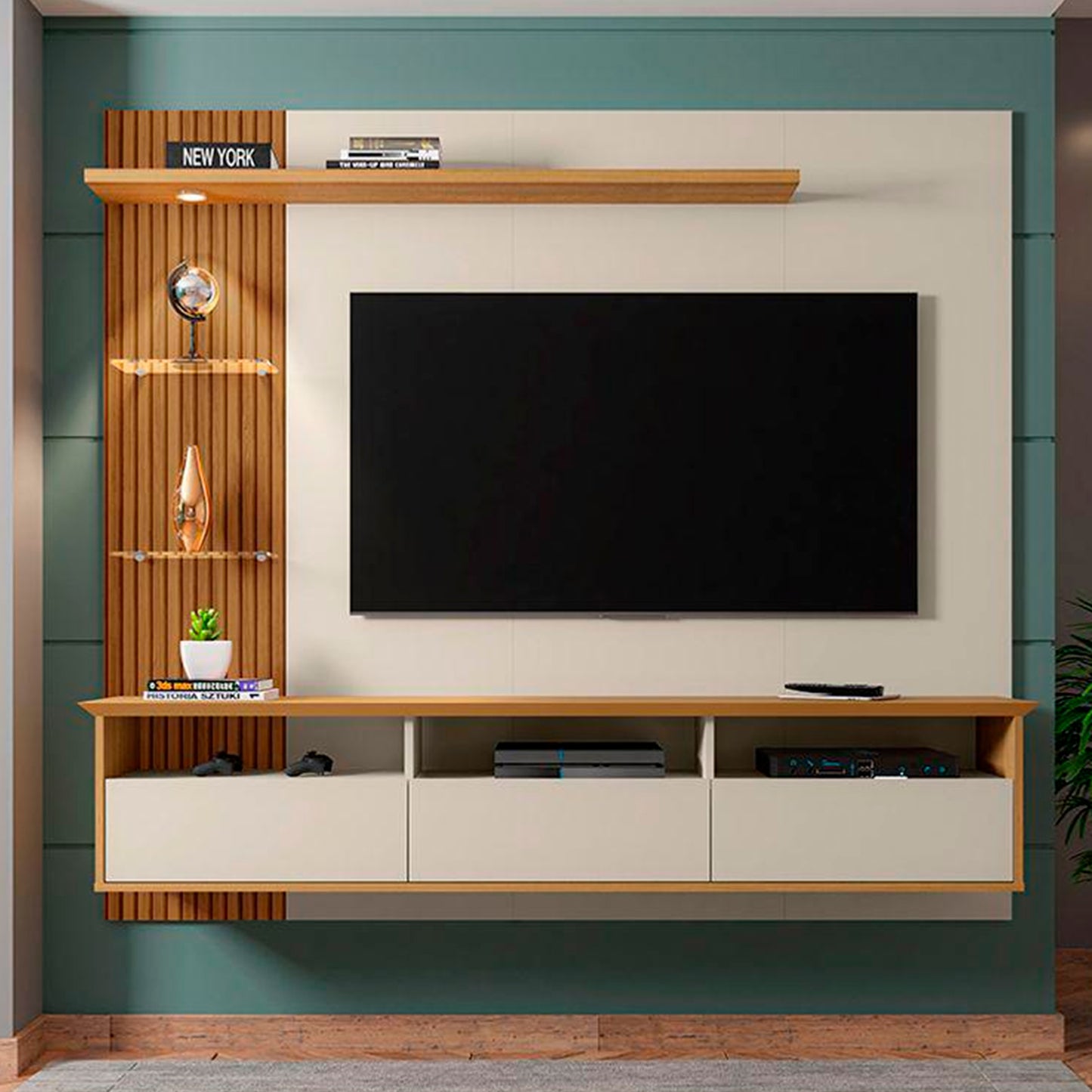 Panel Rack Tv 60" Trend Blanco Invierno Canela Ripado