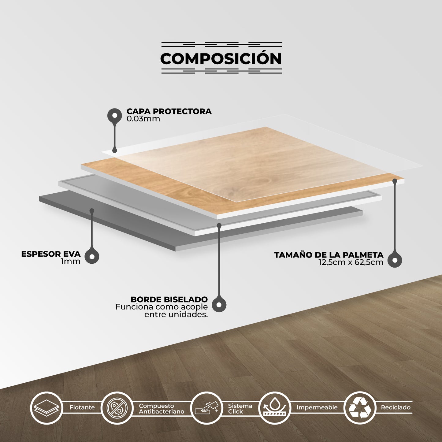 Piso Flotante Vinilico SPC PARQUET Click 5mm 1,56 MT2 Tabaco